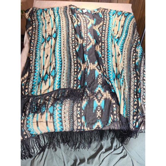 Southwestern Geometric Fringe Kimono Cardigan Turquoise Black One Size - Picture 7 of 9